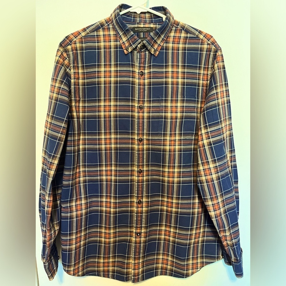 Banana Republic Men’s Slim Fit Luxe Flannel Blue & Orange Plaid Size L